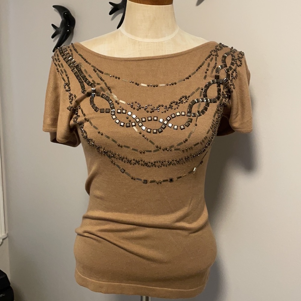 Cache Tan Embellished Tank Top